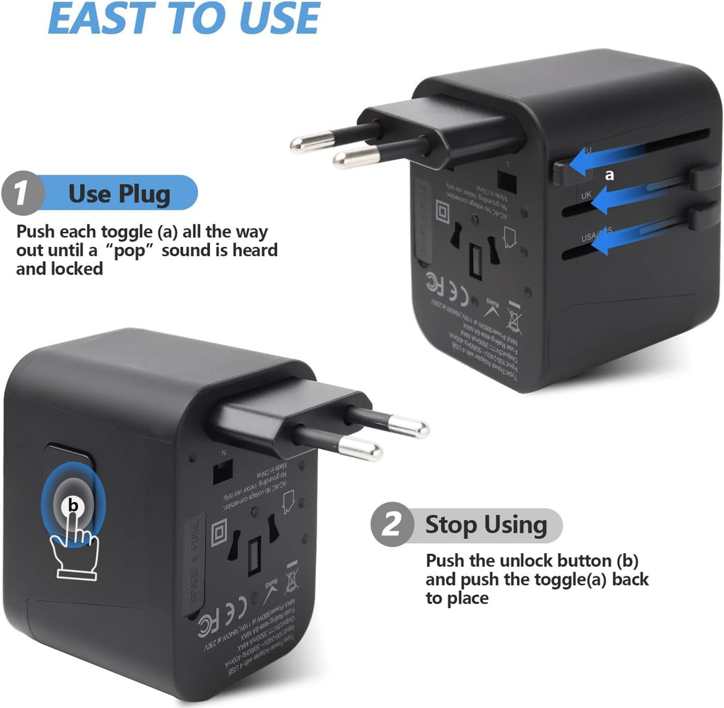 Universal Travel Adapter, International Travel Plug Adapter for European UK AUS, Travel Power Adapter Wall Charger with 4 USB Charging Ports for Cell Phone Laptop (Black)