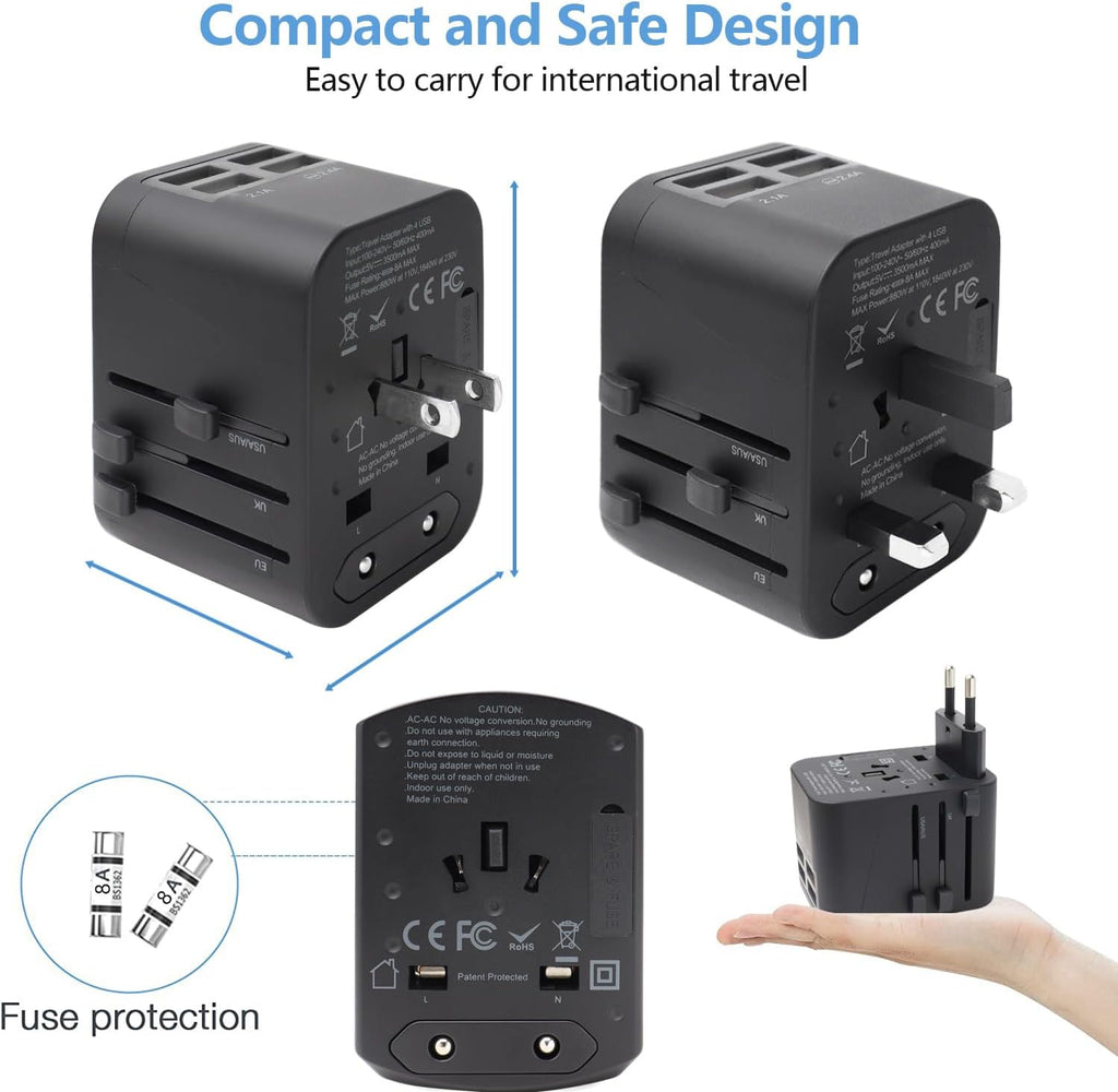 Universal Travel Adapter, International Travel Plug Adapter for European UK AUS, Travel Power Adapter Wall Charger with 4 USB Charging Ports for Cell Phone Laptop (Black)