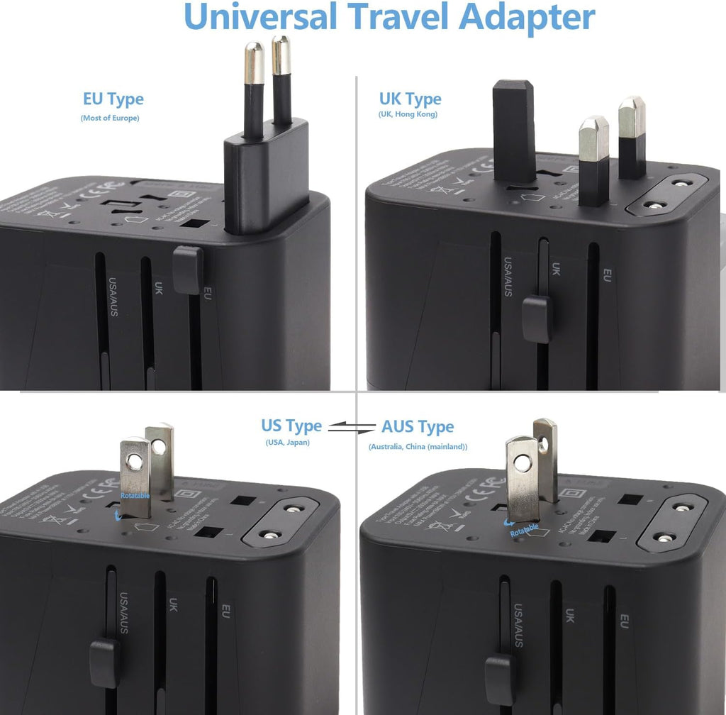 Universal Travel Adapter, International Travel Plug Adapter for European UK AUS, Travel Power Adapter Wall Charger with 4 USB Charging Ports for Cell Phone Laptop (Black)