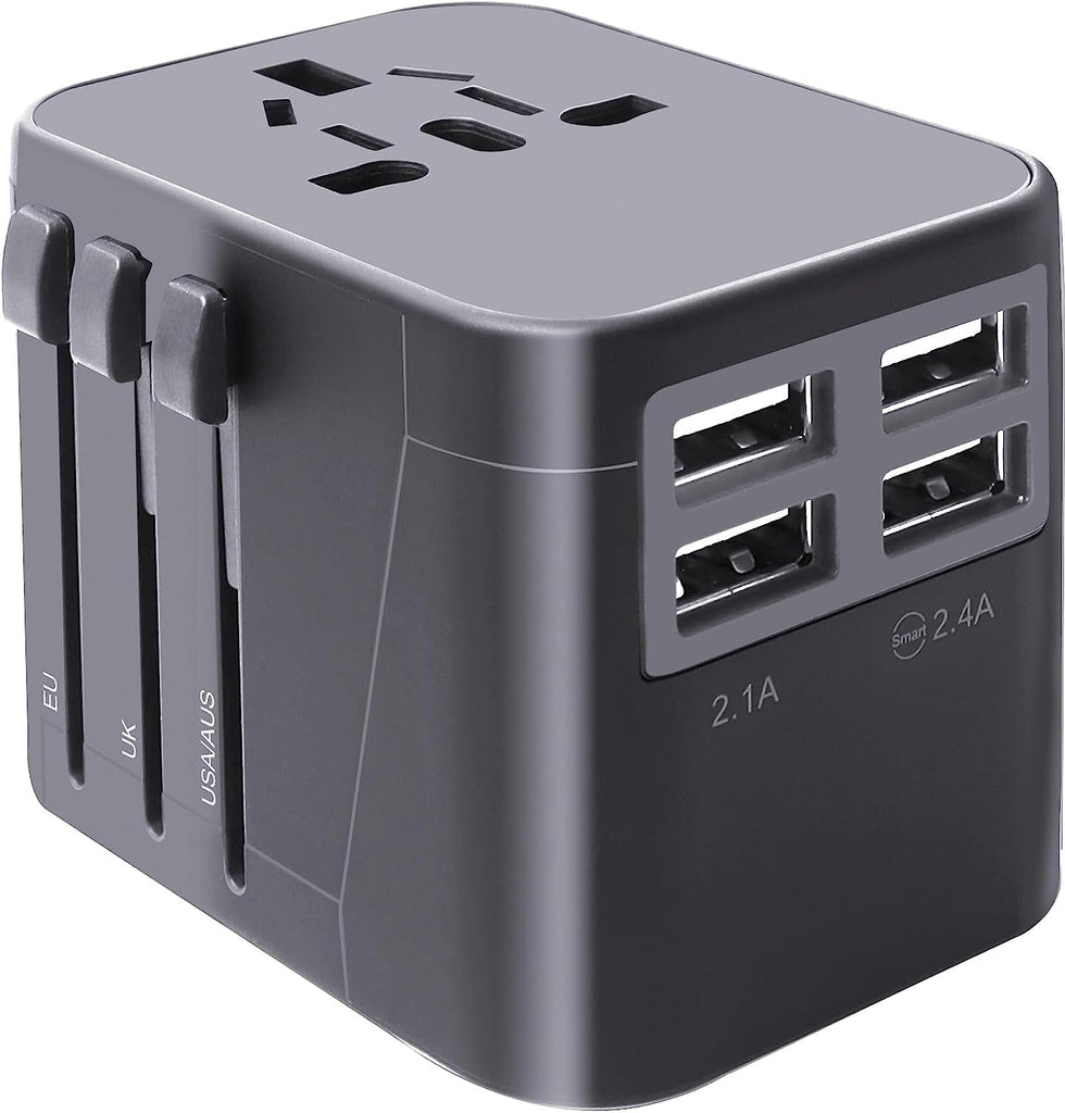 Universal Travel Adapter, International Travel Plug Adapter for European UK AUS, Travel Power Adapter Wall Charger with 4 USB Charging Ports for Cell Phone Laptop (Black)