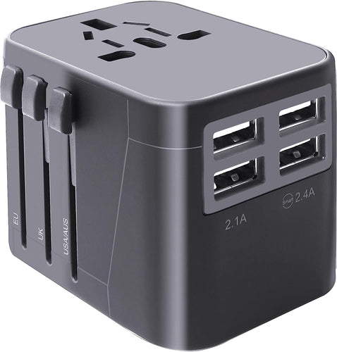 Universal Travel Adapter, International Travel Plug Adapter for European UK AUS, Travel Power Adapter Wall Charger with 4 USB Charging Ports for Cell Phone Laptop (Black)