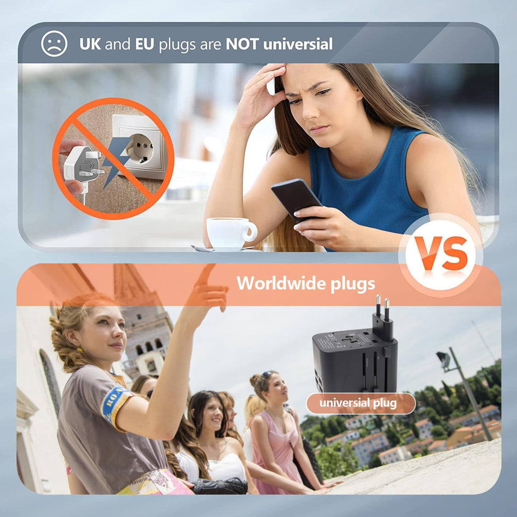 Universal Travel Adapter, International Travel Plug Adapter for European UK AUS, Travel Power Adapter Wall Charger with 4 USB Charging Ports for Cell Phone Laptop (Black)