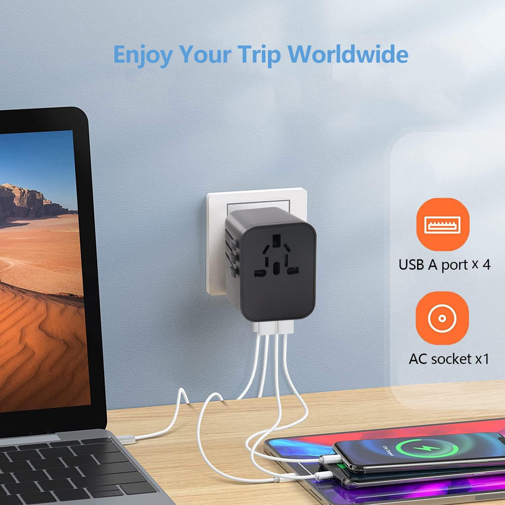 Universal Travel Adapter, International Travel Plug Adapter for European UK AUS, Travel Power Adapter Wall Charger with 4 USB Charging Ports for Cell Phone Laptop (Black)